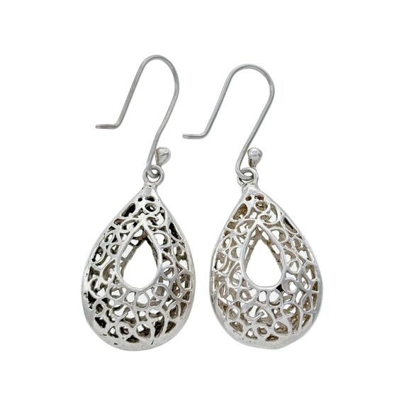 Vintage Sterling Silver 925 Filigree Teardrop Dangle Earrings - Picture 2 of 4